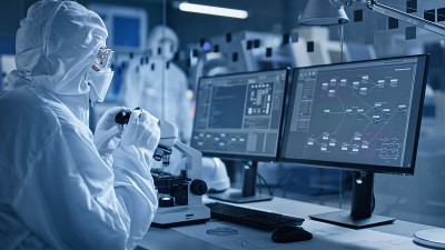 研究工厂洁净室:工程师/科学家穿着工作服和手套用显微镜检查主板微处理器组件，开发高科技现代电子