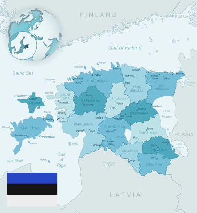 Blue-green detailed map of Estonia administrative 