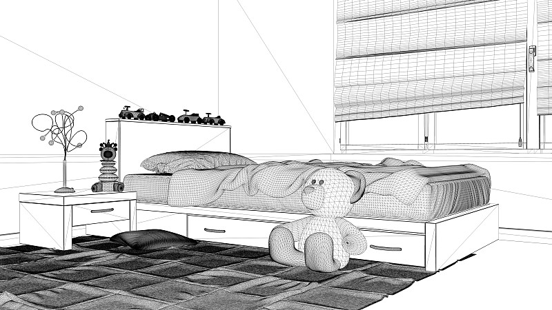 室内设计项目，黑白水墨草图，建筑蓝图展示现代儿童卧室与单人床，极简主义建筑室内设计