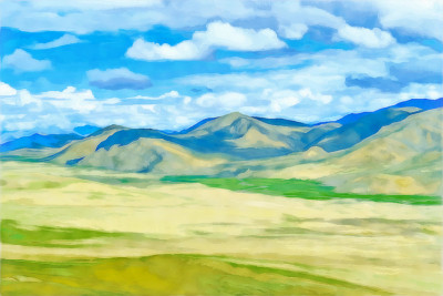 画水彩。山的风景。