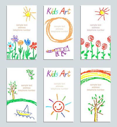 Set of wax crayon kid`s hand drawn colorful card c