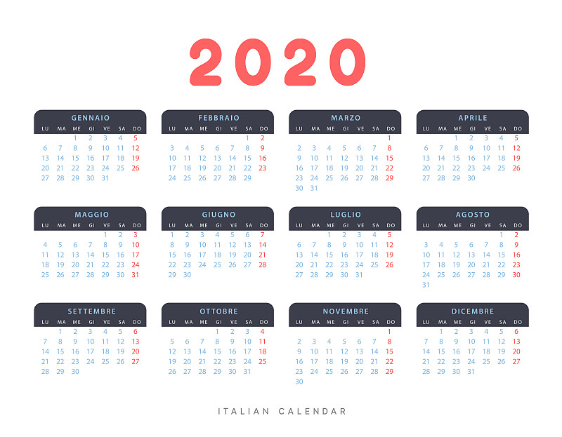 Calendar for 2020 year. Week starts on Monday. pla