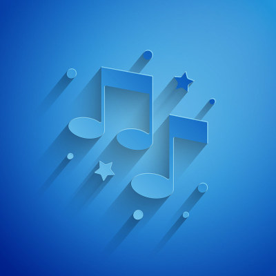 Paper cut Music note, tone icon isolated on blue b