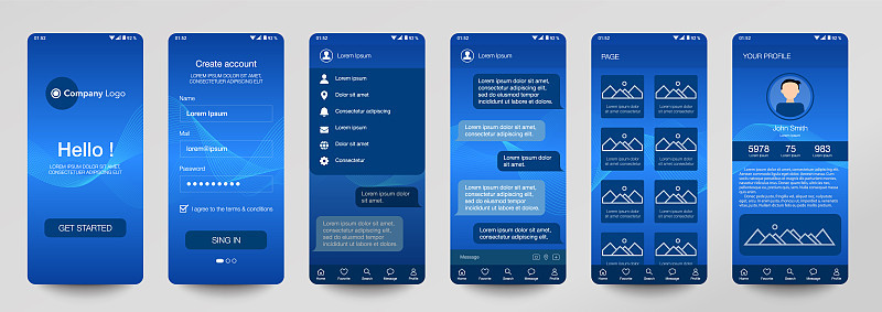手机应用、UI、UX、GUI设计。设置用户注册屏幕与登录和密码输入，帐户登录，注册，聊天室，主页。现