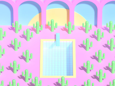 3 d渲染。游泳池中有许多绿色的塑料仙人掌，背景是黄色的太阳和建筑拱门。