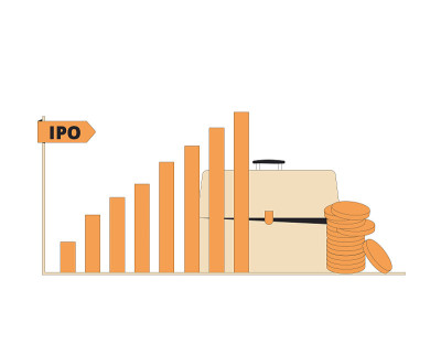 IPO的概念。首次公开发行(ipo)。矢量颜色线艺术插图。