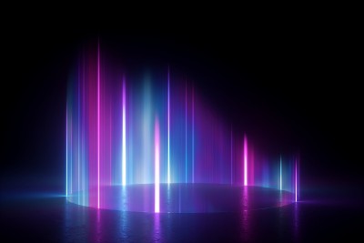 3d渲染，抽象霓虹背景。发光的等离子体。粉蓝色垂直射线。北极光现象