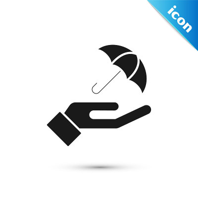 灰色雨伞在手图标孤立在白色背景。保险的概念。防水图标。保护、安全、安全理念。向量