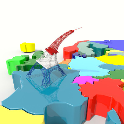 欧洲3D彩色地图与埃菲尔铁塔弯曲