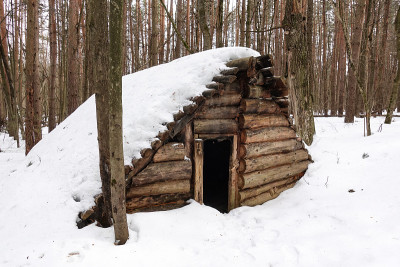 森林里的小木屋。在雪地里用木头建造的废弃建筑。俄罗斯