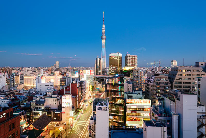 东京浅草区的Aeriel view。东京天空之树，神稻町，浅草文化旅游信息中心。