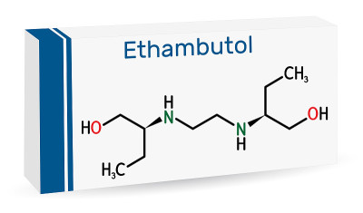 乙胺丁醇е,EMB分子。它是一种用于治疗肺结核的抑菌剂。骨化学公式。药品用纸包装