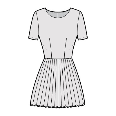 穿短袖打褶的技术时尚插图，合身的身体，超短裙。平服装方面
