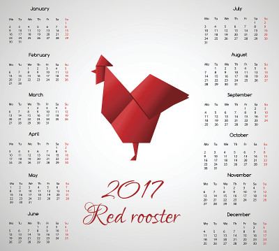 新年日历与中国象征红公鸡折纸