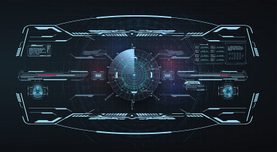 虚拟现实。未来的VR平视显示设计。科幻头盔HUD, GUI,UI。未来显示数据，统计面板。科幻头盔住