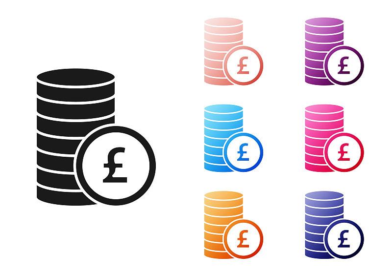 黑钱与英镑符号图标隔离在白色背景上。银行货币符号。现金的象征。设置图标丰富多彩。向量