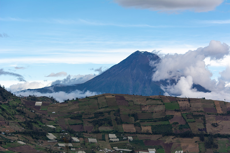 火山景观有山丘和蓝天，通古拉瓦火山