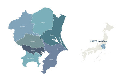 关东大地图。日本区域矢量地图。