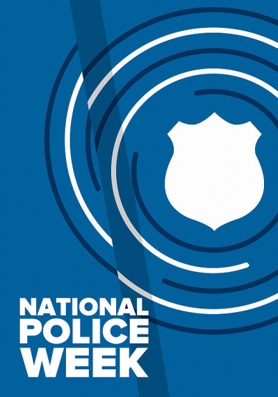 国家警察周。每年在美国庆祝。向警察英雄致敬。警徽和爱国主义元素。军官阵亡将士纪念日。海报、卡片,横幅