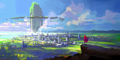 漂浮在城市上空的火山口，3D插图。