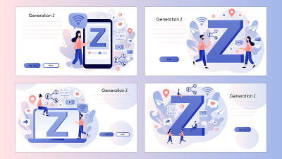 z一代。新的现代人口趋势。青少年使用科技和小工具进行交流。屏幕模板的着陆页，模板，用户界面，网页，移