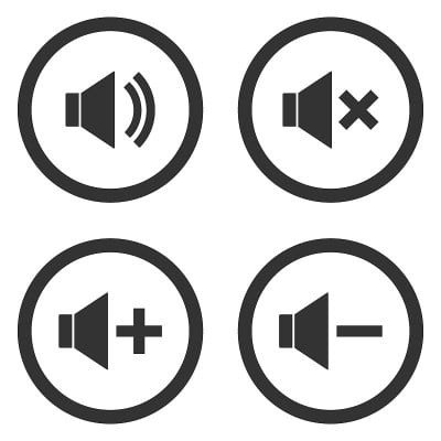 设置音量控制按钮。静音，取消静音，更安静，更响亮的图标在圆圈。向量