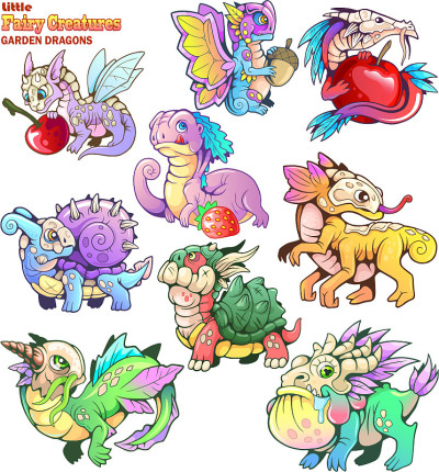 small, cartoon, garden dragons, set of funny image