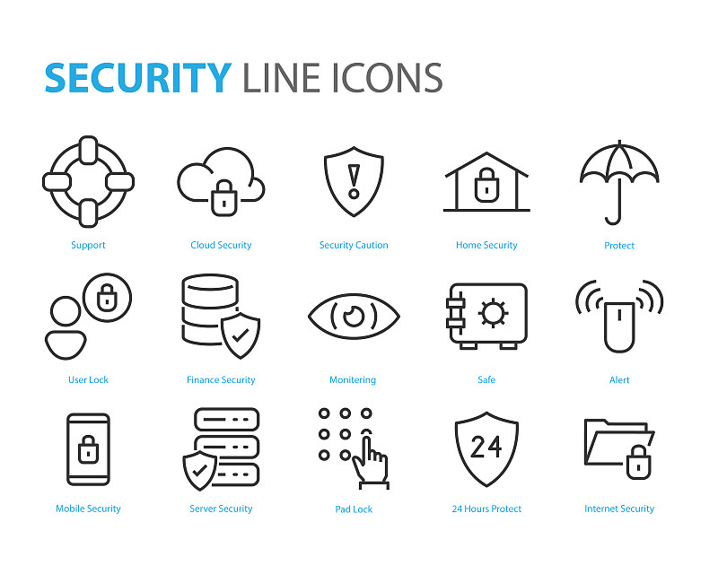 set of security line icons, such as protect, passw