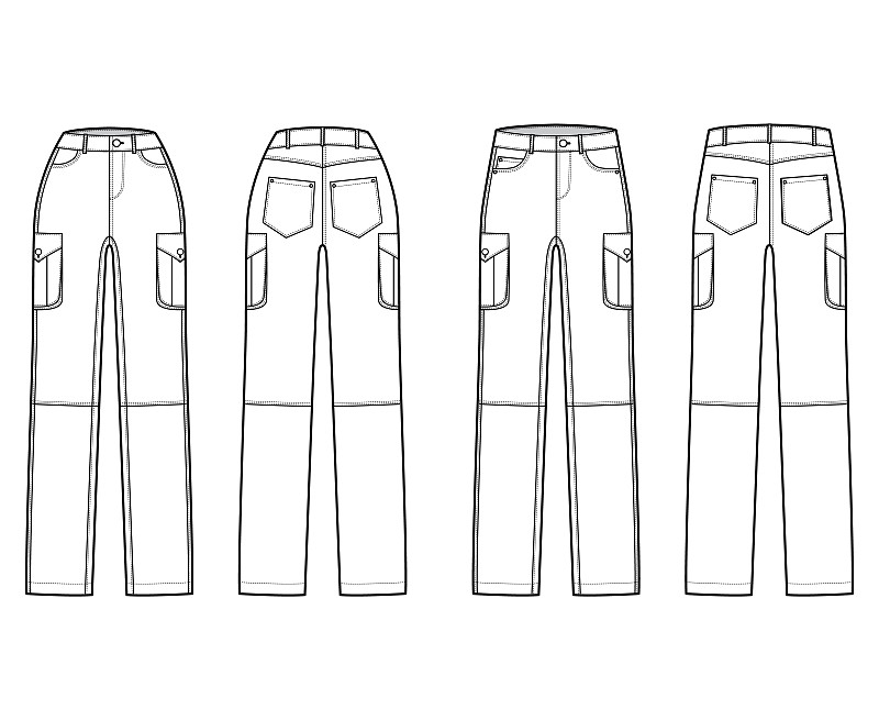牛仔工装裤技术时尚插画与正常低腰，高腰，口袋，皮带环