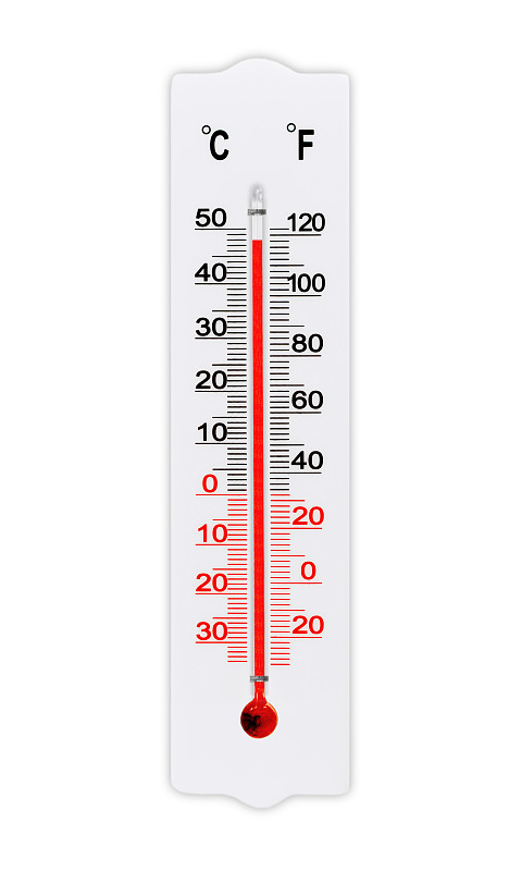 大气塑料气象温度计孤立在白色背景上。气温加上48摄氏度
