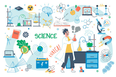 科学概念孤立元素集。从事科学研究或试验、实验室设备、物理、化学、分子、原子的科学家。矢量插图在平面卡