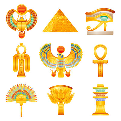 古埃及图标集。埃及法老矢量符号。太阳神圣甲虫，金字塔，荷鲁斯瓦杰特眼，伊希斯结，猎鹰，十字章，扇子，