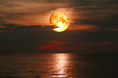 在海上剪影云的夜空上满月