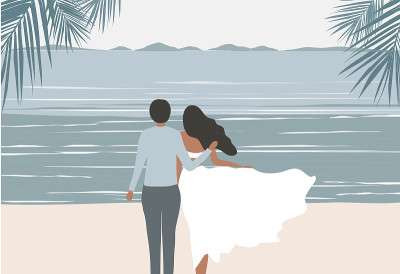 一对相爱的夫妇拥抱在海滩夏季矢量插图。浪漫的情侣和恋人概念