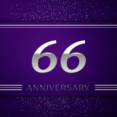 现实的66周年庆典设计横幅。银色数字，紫色背景上的五彩纸屑。彩色矢量模板元素为您的生日派对
