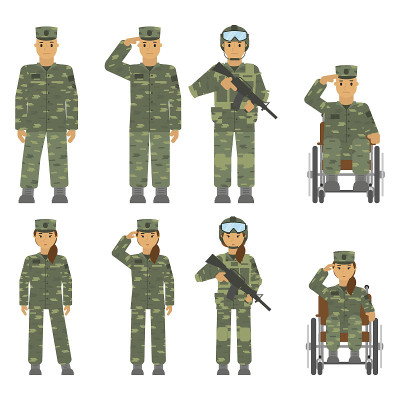 矢量组的士兵男人，女人孤立在白色背景上