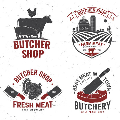 Set of butcher shop badge or label with cow, Beef,