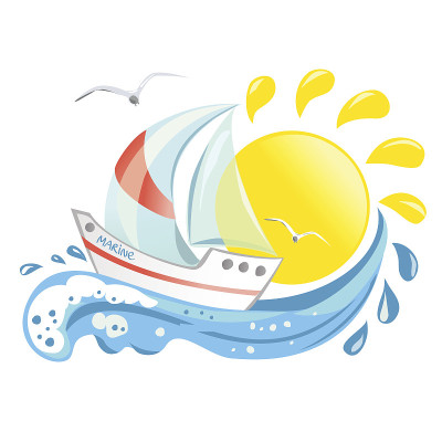 图标与游艇，波浪和太阳