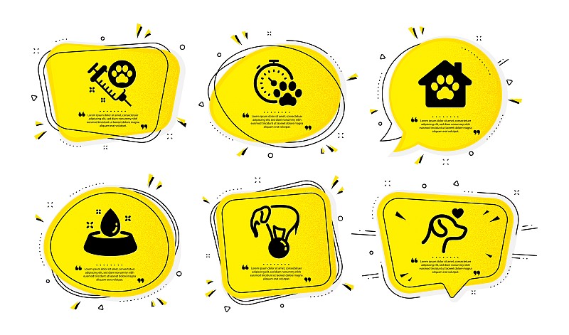 狗接种疫苗，狗比赛和宠物收容所图标集。水碗，大象球和宠物的照顾标志。向量