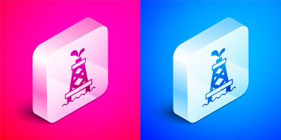 石油钻机图标孤立在粉红色和蓝色背景。气塔。工业对象。银广场按钮。向量