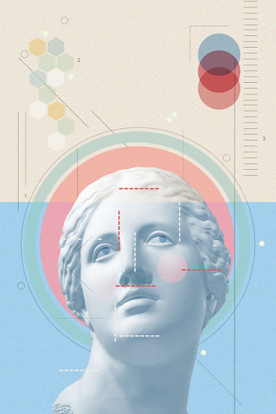 艺术拼贴用古代雕塑维纳斯的脸和数字，几何形状。美丽、时尚、健康为主题。科学、研究、发现、技术概念。电