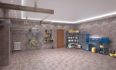 大型车库与棕色大理石瓷砖，3d插图