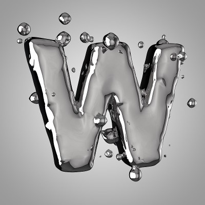 3D水银字母W大写。3D渲染液体金属字体与滴