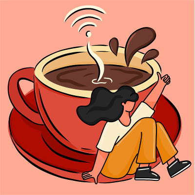 年轻女子坐在咖啡杯上
