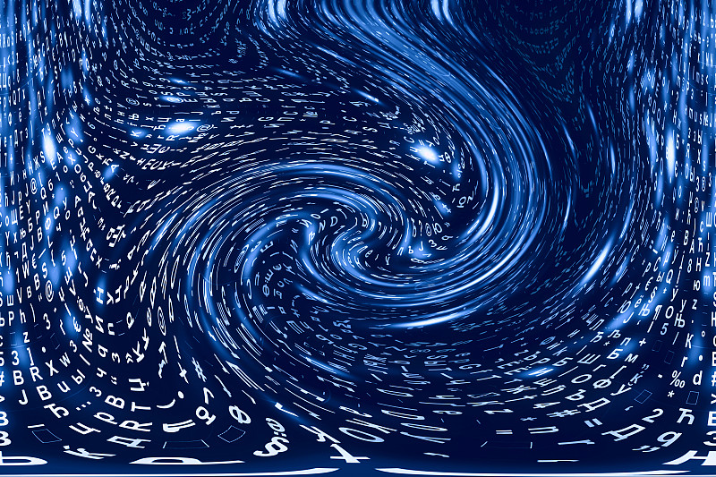 蓝色矩阵数字背景。扭曲的网络空间的概念。人物落入虫洞。入侵矩阵。虚拟现实设计。复杂的算法数据黑客。青