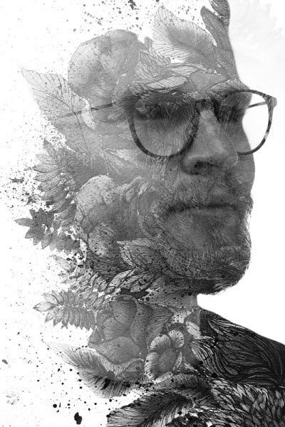 Paintography。一幅黑白人像与一幅花叶画相结合。