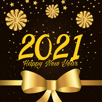 2021年新年快乐，用金色礼品蝴蝶结和矢量设计