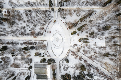 小公园里光秃秃的树被雪覆盖着。叶卡捷琳堡冬季公园鸟瞰图