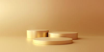 黄金产品背景站或讲台基座上的广告展示与空白背景。3 d渲染。