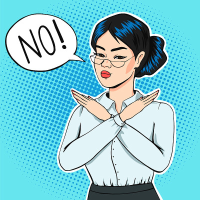 严肃面对女商人说不与手交叉的手势，亚洲女商人流行艺术漫画矢量插图